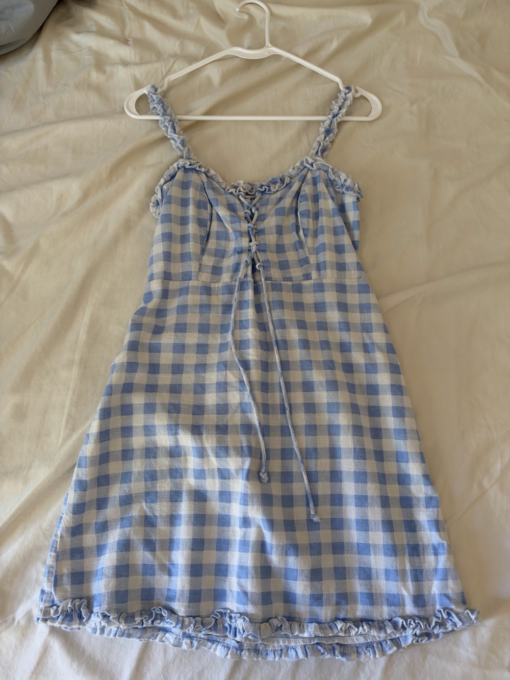 Urban Outfitters Blue Gingham Smocked Mini Dress | Ruffle Straps | Size S